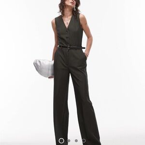 Mango Dark Green Pinstripe Sleeveless Jumpsuit